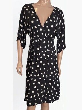 Forever 21 Polka Dot Faux Wrap Midi Dress Black White Womens Small Half Sleeve